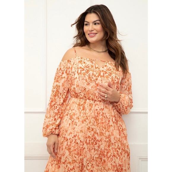 ELOQUII Pleated Off The Shoulder Midi Dress Crinkle Chiffon Long Sleeve NWT 16W - Picture 4 of 8